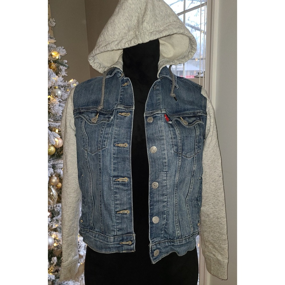 Levi's Hybrid Hooded Trucker Jacket Women's Sz S Denim Heather Gray Blue